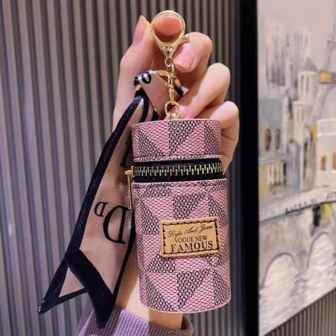 Portable Silk Scarf Barrel Lipstick Coin Bag with Keychain – Mini Triangle Pendant Storage 3