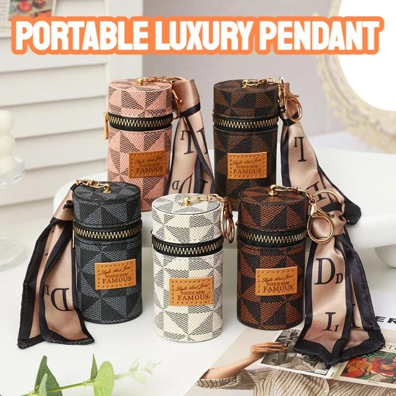 Portable Silk Scarf Barrel Lipstick Coin Bag with Keychain – Mini Triangle Pendant Storage