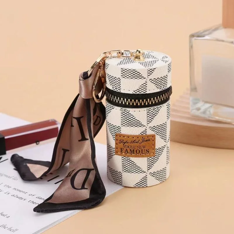 Portable Silk Scarf Barrel Lipstick Coin Bag with Keychain – Mini Triangle Pendant Storage