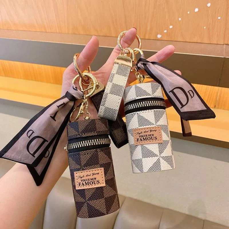 Portable Silk Scarf Barrel Lipstick Coin Bag with Keychain – Mini Triangle Pendant Storage